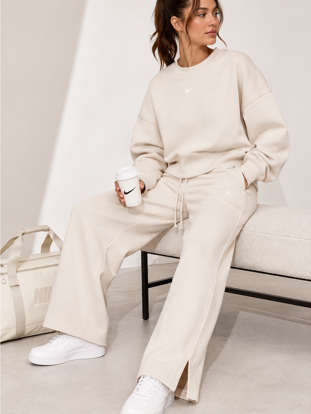 Nike Phoenix Fleece Set XS Crewneck Sweatshirt Wide Leg Pants Orewood Sportswear